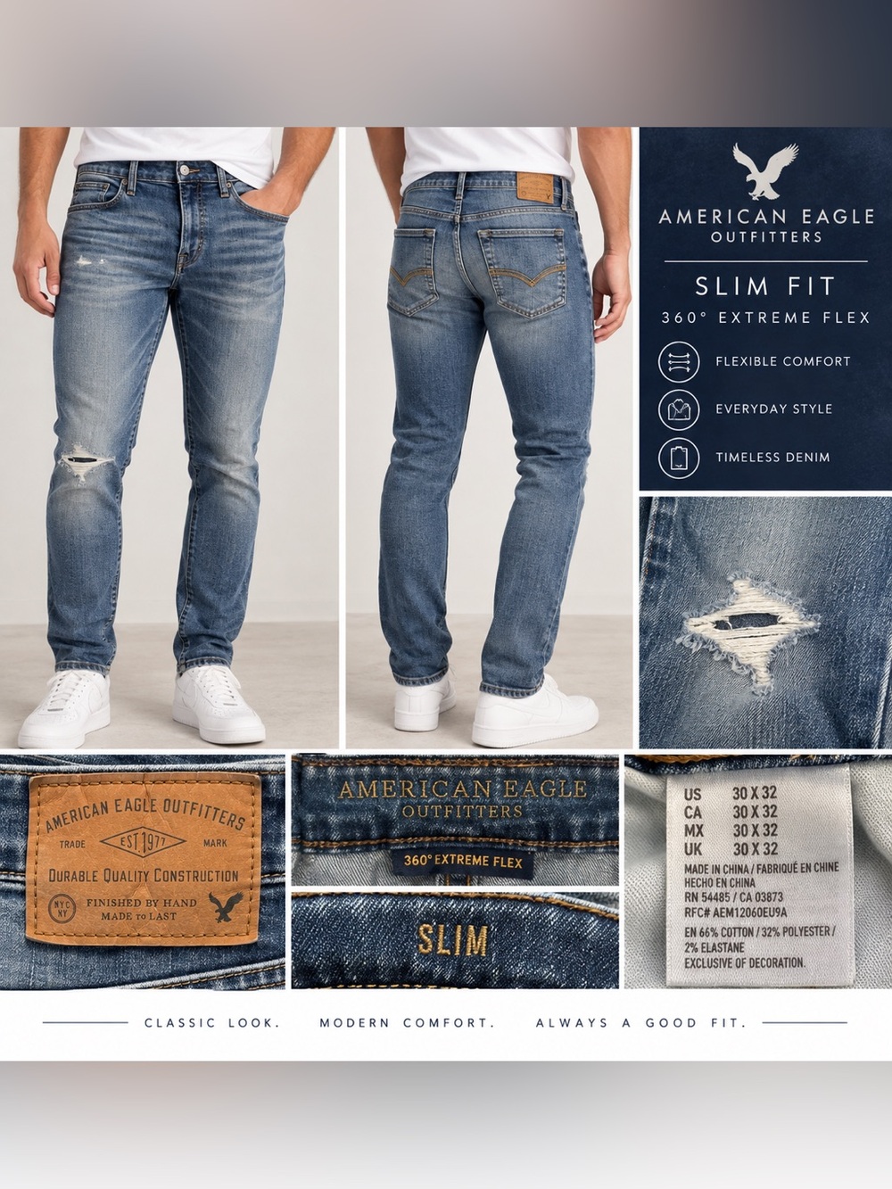 American Eagle 360 Extreme Flex Slim Jeans 30x32 Distressed Medium Wash